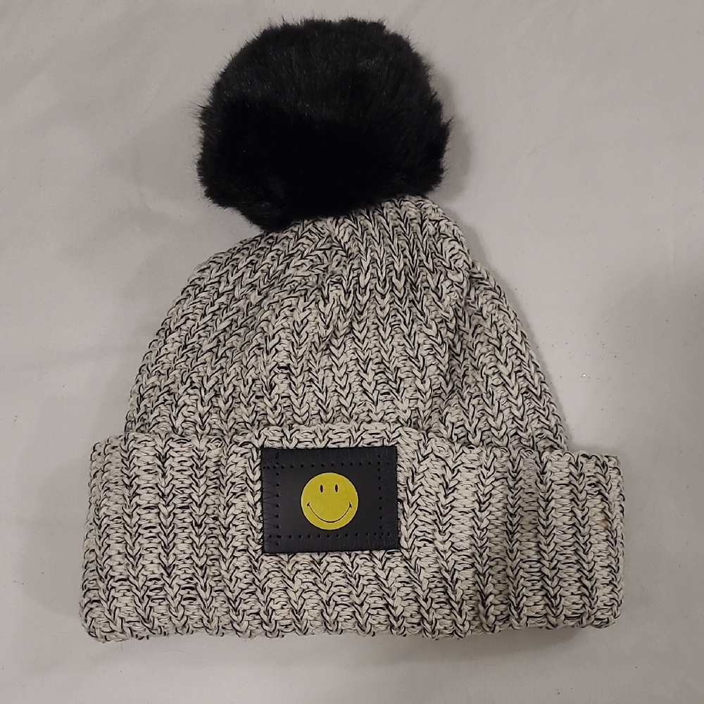 Love Your Melon Black and Gray Beanie with Smiley Patch